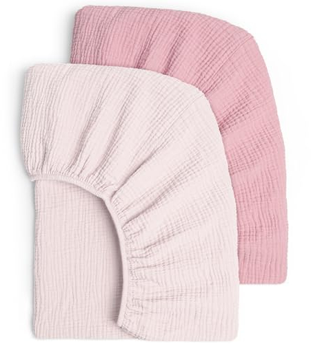 lulumoon 2er Set Kinder Spannbettlaken, Musselin-Baumwolle Spannbetttuch für Babybett und Kinderbett 60x120cm / 70x140cm Reisebett Spannlaken Beistellbett Leintücher (Rosa Nelke)