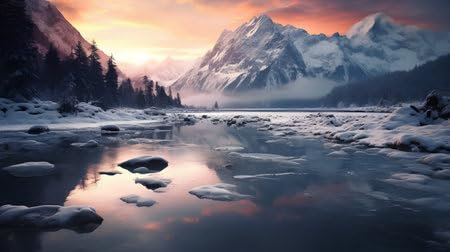 adrium Acryl-Bild 90 x 50 cm: Fantastische Winterlandschaft mit schneebedeckten Bergen und See bei Sonnenuntergang (208694933)