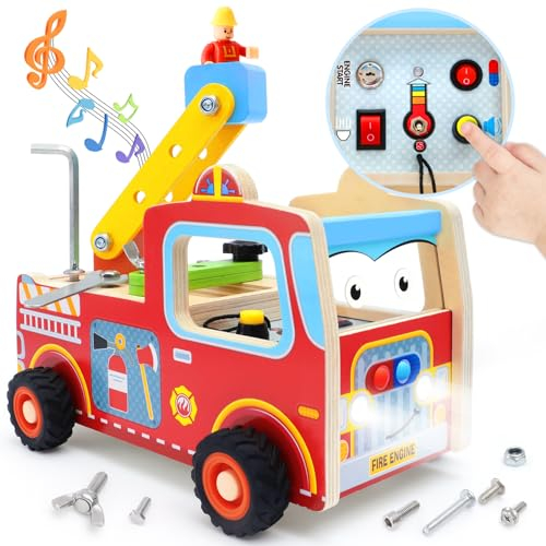 Atoylink Wooden Montessori Busy Board for Toddlers Fire Engine Truck Sensory Board Toys with LED Light Sound Switch Screwdriver Fine Motor Skills Montessori Toys Gifts Kids Boys Girls 1 2 3 4 Years