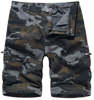 Husmeu Short Bermuda Homme Cargo avec Plusieurs Poches, Short d'été en Coton Camouflage de Taille Élastique Noir Camouflage S