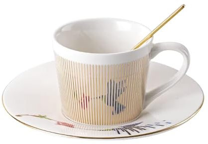 SENIURIS Anamorphes Teetassen und Untertassen, perfekte Porzellan-Teetassen für Espresso, Kaffee, Cappuccino, Milch oder Teezeit (Goldfarbener Kolibri)