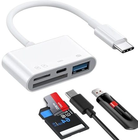 4-IN-1 USB C SD Card Reader, Memory Card Reader with SD/TF Dual Card Slots USB 3.0 Port and USB-C Charging Port Compatible with iPhone 15 Series MacBook Pro/Air iPad Pro/Air Samsung Galaxy