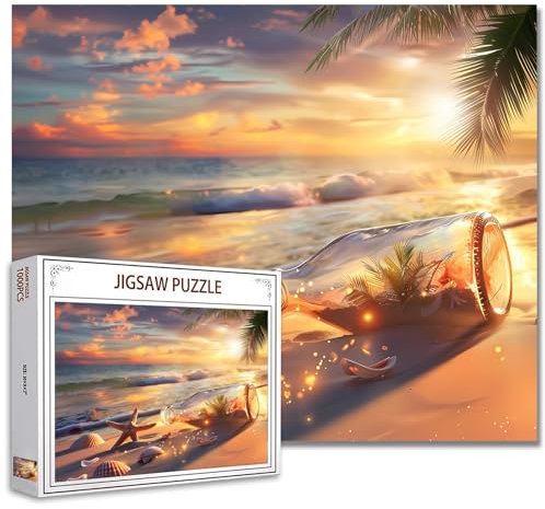 Tucocoo Sunset Beach Scenery Jigsaw Puzzles for Adults 1000 Pieces, Seaside Bottle Starfish Art Puzzle 20 x 27 inch Colorful DIY Puzzles for Home Decoration, Family Puzzle Perfect for Game Nights