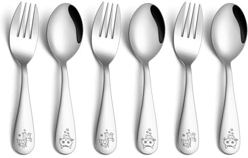 Homikit Children’s Cutlery Set, 6Pcs Stainless Steel Safe Toddler Flatware Silverware Sets, Kids Self-Feeding Utensils Include 3 Spoons & 3 Forks, Mirror Polished & Dishwasher Safe