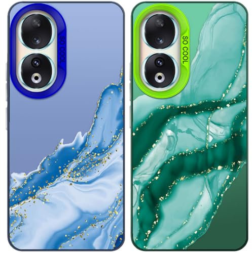 Tedyhulle 2 Pezzi Cover per Honor 90 5G 6,7, Disegni di marmo estetico, Copertura posteriore del PC dura con TPU Soft Matte Silicone Bumper Custodia protettiva antiurto, Blu e verde