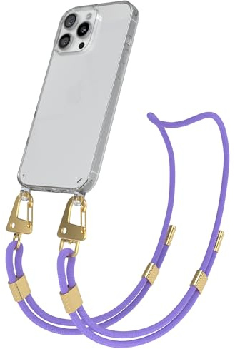 EAZY CASE - Handykette mit Karabiner kompatibel mit iPhone 16 Pro Max - Hülle Silikonhülle Fallschutz transparente Handyhülle Kette zum Umhängen Schutzhülle in Lavendel Lila - Clips Gold