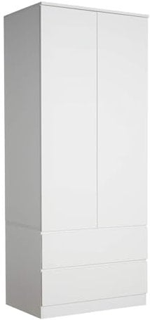Home Source 2 Door Wardrobe, High Gloss Front Spacious Closet Organiser, Bedroom Dresser Storage Cabinet, 2 Drawer, White