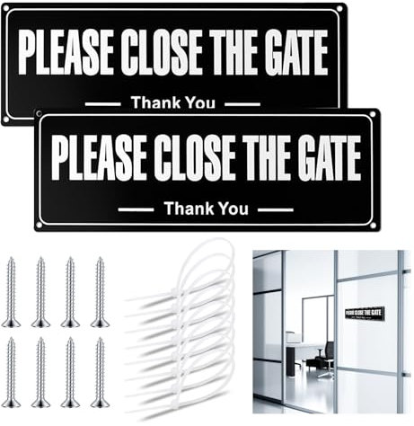 2Pcs Please Close The Gate Sign Dog, Aluminium Keep Gate Closed Sign with Cable Ties Screws Rope Waterproof UV Resistant Easy to Mount for Outdoor Yard Patio Garden Gate Wall Fence
