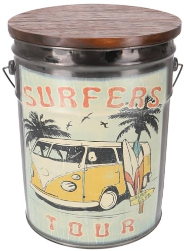 GURU SHOP Hocker Eimer Sitzschemel mit Holzdeckel, Vintage Mülleimer - Surfers Tour, 40x33x33 cm