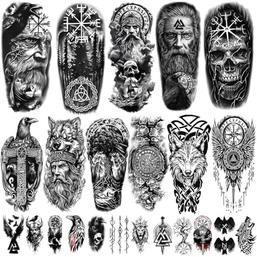 Tatouages temporaires viking - 77 feuilles - Pour homme et femme - Motifs à manches mi-longues - Motifs celtiques nordiques - Lion, loup, tigre, tête de mort, 60 petits aigles tribaux - Pour adultes