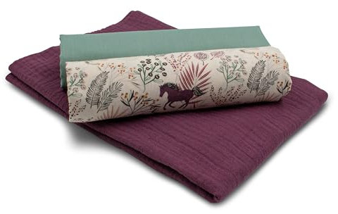 VmG-Store Musselin + Baumwollstoff Set farblich abgestimmt Double Gauze Stoff 100% Baumwollstoff Tex Standard 100 (Set14 Pferde und Gräser)