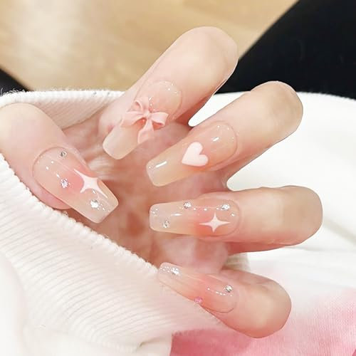 French Press On Nails, 24Pcs Coffin False Nails, Pink False Nails with Bow, Heart and Star, Rhinestones Full Cover Stick on Nails for Women Girls Valentines Days Nails Art