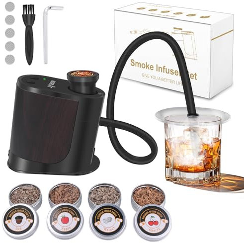 BORUIT Kit de fumoir à cocktail rechargeable et réglable avec 3 réglages, arrêt automatique et 4 saveurs de copeaux de bois avec kit fumé à l'ancienne, cadeau pour homme, papa, mari (noir)