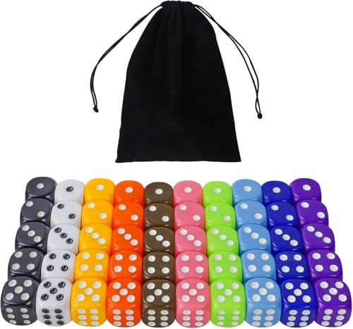 QUTHZZHY Würfel 50 Stücke, Bunte Würfel Set, 16mm Farbwürfel 6 Seitige | Würfel mit Einstecktaschen, Spielwürfel für Tischkartenspiele, Acrylwürfel 10 Farben, für Matheunterricht Mathe