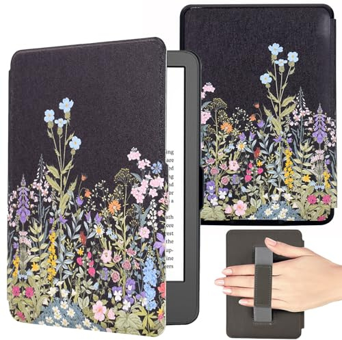 KEROM Hülle für 6 Neuer Kindle (11. Generation, 2024/2022), schlanke leichte PU-Lederhülle mit Handschlaufe und Auto Wake/Sleep für Kindle 2024/2022 11. Generation e-Reader, Blumen