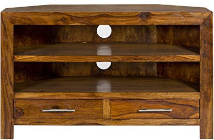 Cube Petit Dark Solid Indian Corner TV Entertainment TV Unit Stand in Sheesham Wood Living Room Furniture