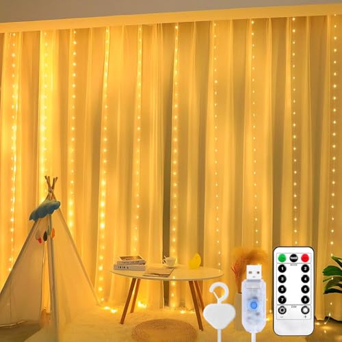 200LED Lichtervorhang Warmweiß, 3mx2m Lichterkettenvorhang USB 8 Modi LED Lichterkette mit 10 Haken Fernbedienung Timer verstellbare Helligkeit für innen und außen Deko Party Fenster Wand Balkon