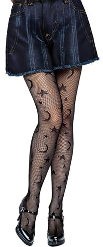 Larrel Funky Tights, Star And Moon Shape Tights Fishnets Cute Patterned Tight Stockings Lace Tight Lace Leggings Pantyhose Gothic Tightes Fishnet Leggings Fish Nets Legging for Women Girl (Black)