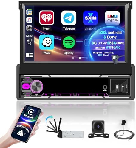 Hikity 6G+128G Android 15 Autoradio 1 DIN mit Wireless CarPlay Android Auto, 7 Zoll Einziehbarer Bildschirm Autoradio Bluetooth mit 4G WiFi DSP GPS AM/FM/RDS Doppel-USB SWC +MIC+Rückfahrkamera