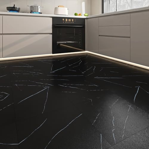 ReWallpaper Marble Vinyl Floor Tiles Self Adhesive Black Lino Flooring Bathroom Waterproof 30x30 Decorative Black Floor Tile Stickers for Hallway Hair Salon Cuttable Marble Effect 3 Pack