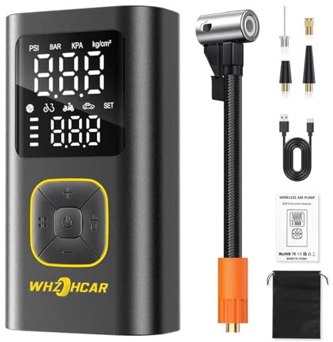 WHZOHCAR Compresseur à Air Portatif 150 PSI Gonfleur Pneus Voiture sans Fil avec Protection Contre Lumière LED PowerBank, Gonfleur Electrique Pneu pour Voiture Moto Vélo Balle