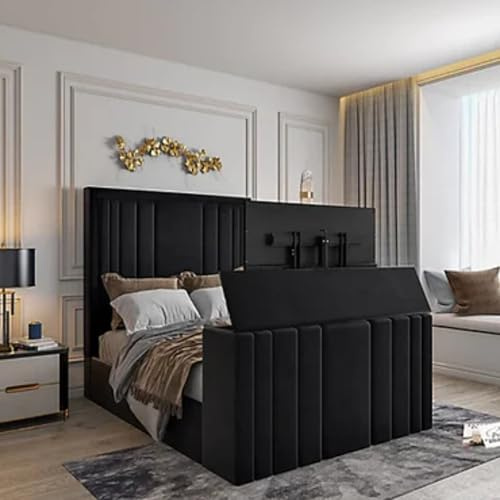 Elegant Black Plush Electric Media TV Super Bed Frame | Vertical line Headboard with Border & Footboard | Elegant Bed Frame with Built-In TV Compartment | Mattress & TV Not Included