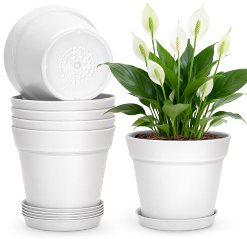KINGLAKE 6Pcs Plastic Plant Pots Indoor Outdoor, 6 Inch/15.3cm White Plant Pots Modern Flower Pot for Office Desk House Plants with Drainage Holes and Trays