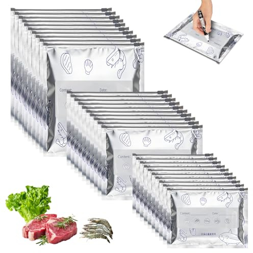 30 Pcs Sacchetti Ermetici per Alimenti, Sacchetti Gelo con Zipper 3 Misure | Alluminio Resistente, Riutilizzabili, Antiperdita, Scrivibili, Per Freezer Frigorifero Carne Verdure Snack e Pasti
