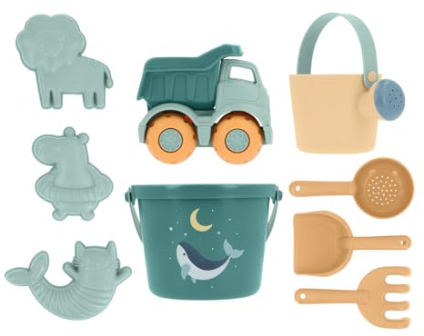 Monnëka Set de Jouets de Plage | Jouets de Sable Écoresponsables et Sûrs dès 6 Mois | Kit avec Seau, Pelles, Râteau, Arrosoir et Camion | Facile à Transporter pour Plage | Whale Teal