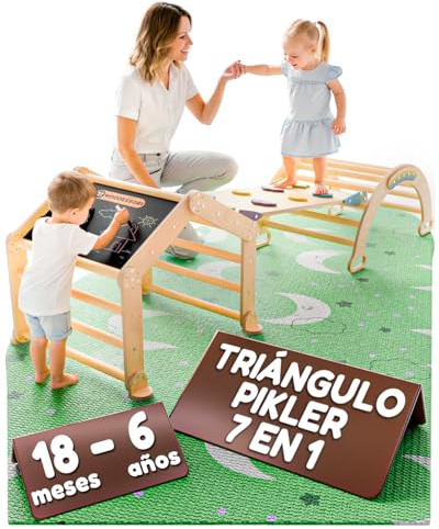 WOODESSORI Triangulo Pikler Plegable 7 en 1 con Pizarra - Gimnasio Bebe Montessori para Niños - Triangulo Escalada Montessori + Balancin Madera Montessori + Rampa Escalada Bebe