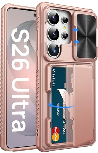 Vihibii Cover per Samsung Galaxy S26 Ultra con Custodia Porta Carte (4 Cartes), Protezione Scorrevole Fotocamera, Protezione Antiurto di Livello Militare Anti Graffio Rigido Portacarte Case, Oro Rosa