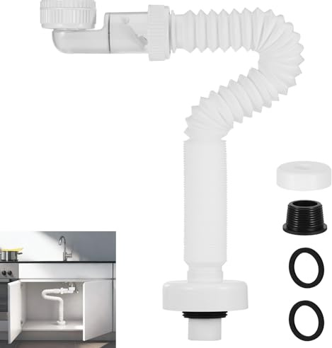 Starvortex Sifone Lavabo Bagno Flessibile, 1 1/4 Sifone Lavello Salvaspazio, Scarico Lavabo Sostituibile, Antiodore Sifone, Tubo Scarico Lavandino Estensibile 320-780mm per Bidet Cucina Bagno, Bianco