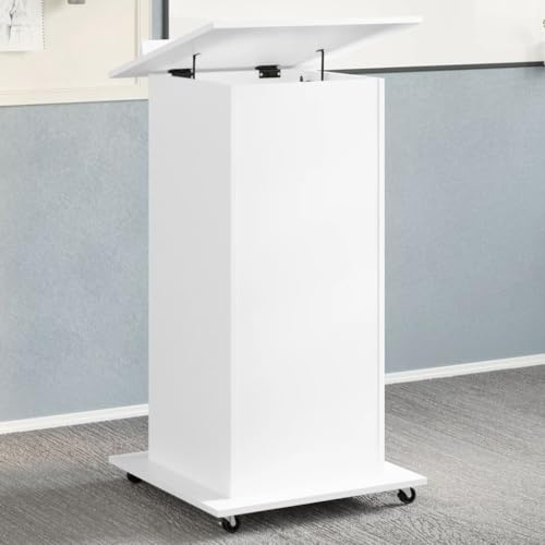 Zeehear Rednerpult mit Rollen & Schublade, Weiß 55x55x107 cm, Neigbare Oberplatte für Präsentationen, Holzwerkstoff, Mobiler Schreibtisch mit Stauraum