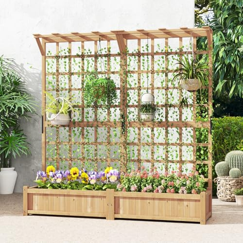 COSTWAY 2er Blumenkasten mit Rankgitter & Dach, Pflanzkasten Tannenholz, Pflanzkübel mit Sichtschutz, Hochbeet mit Spalier, Drainagelöchern & Seil, Rankhilfe Garten Terrasse, 180x48x183cm, Natur