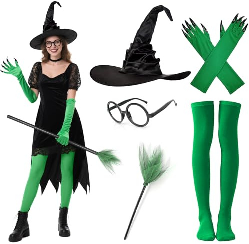 Boyigog Witch Costume Women with Witch Gloves Hat Socks Broomstick, Halloween Witches Fancy Dress Outfit Women for Halloween Masquerade Carnival Cosplay