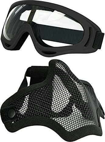 Aoutacc Airsoft Ensemble Masque et Lunettes, Demi-Masque en Acier Plein Masque et Lunettes pour CS/Chasse/Paintball/Tir (Masque de crâne Noir) (Black Mask)
