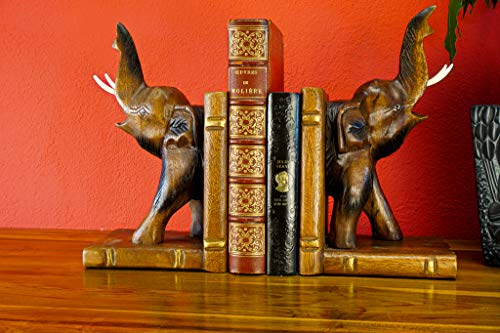 Buchstütze Elefant - Handgeschnitzte Bücherstützen aus massiven Akazien Holz - 30cm Dekoration (Natur)