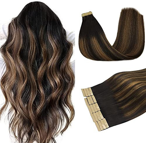 DOORES Tape in Extensions Echthaar, Balayage Natürliches Schwarz bis Hellblond 50cm (20zoll) 50g 20pcs, Tape in Hair Extensions Remy Menschliches Haar