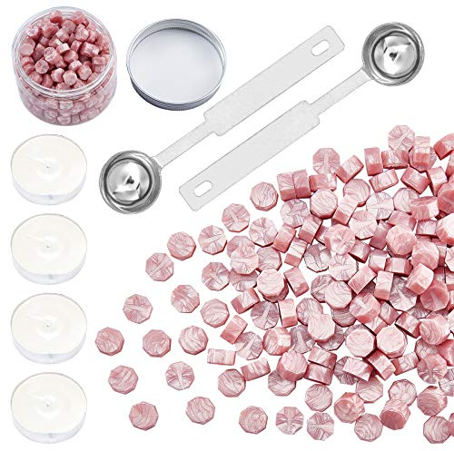 craspire 300 Stück Octagon Sealing Wax Beads Sticks Mit 4 Stück Teekerzen Und 2 Stück Wax Melting Spoon Zum Versiegeln von Wachsstempeln (Pearl Pink)