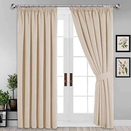 Yorkshire Bedding Blackout Curtain Pencil Pleat Noise Reducing Tape Top Insulated, Sunlight Blocker, Dark and Plain Cream Curtains 46x54 Window Treatment with Tie Backs (117 x 137 cm)