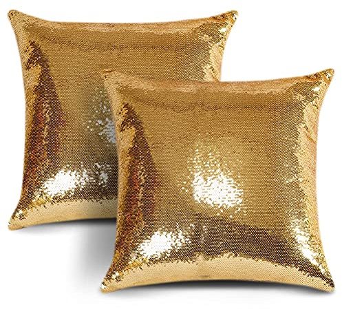 JOTOM Kissenhülle, 2 Stück, Pailletten, Satin, Pailletten, für Haus, Sofa, Schlafzimmer, Auto, dekorativ (45 x 45 cm, Fischschuppen, goldfarben)