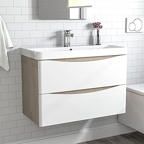 Acezanble 800mm Bathroom Vanity Unit Sink Wall Mounted, Oak Body + 2 White Drawers