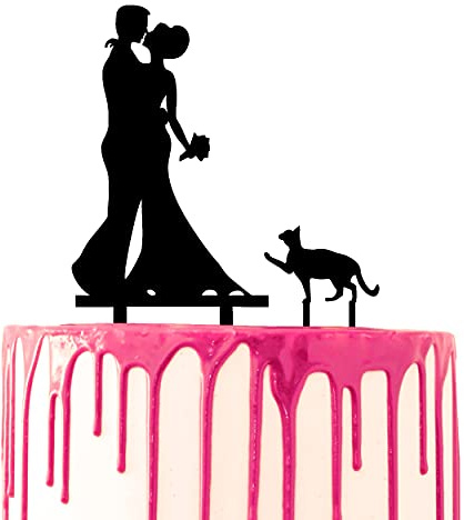 CARISPIBET cake toppers groom and bride kissing hugged with a pet cat at their side