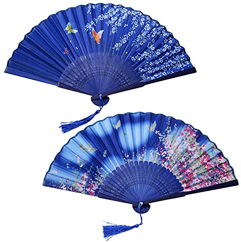 KEYIDO 2 Pcs Folding Hand Fans for Women Silk Fabric and Hollow Carved Bamboo Traditional Fans Chinese Style Hand Fan with Tassels for Wall Decoration Wedding