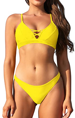 SHEKINI Damen Bikini-Set Niedriger Kragen Rückenfrei Verstellbarer Triangel Bikinioberteil Zweiteiliger Badeanzug für Frauen Niedrige Taille Triangel Bikinihose (M, Zitronengelb)