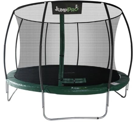 14ft JumpPRO Xcite Round Trampoline. Galvanised Steel for Rust Resistance. Thick Green Padding. Strong Sturdy High Specification with Inner Safety Enclosure for Added Safety.