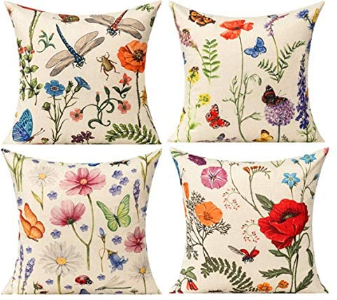 All Smiles Kissenbezug 40x40 Outdoor Kissen Draußen Kissenhülle Sofakissen Zierkissenbezüge für Sofa Schlafzimmer Couch Kissenbezüge, Garten Blumen Schmetterling Libelle 4er Set