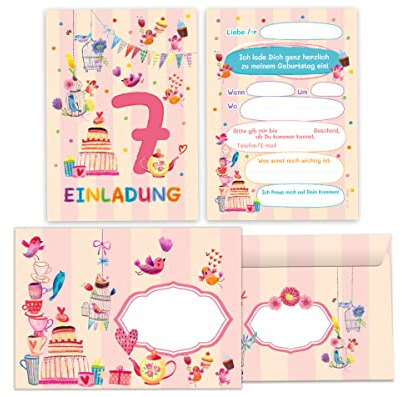 Junapack 12 Einladungskarten incl. 12 Umschläge zum 7. Kindergeburtstag Einladung zum siebten Geburtstag Mädchen Vögelchen