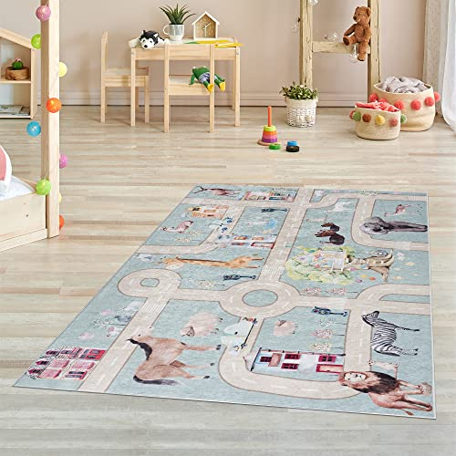 Pasha Home Kinderteppich 120x180 cm Zoo/Kinder Spielteppiche aus Polyester- & Flanellfasern/Teppiche fürs Kinderzimmer antirutsch & schmutzabweisend/Spielteppich Zoo waschbar