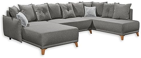PAMPLONA Wohnlandschaft in U-Form, Graphit / Silber - Ausziehbares Sofa mit Schlaffunktion und Bettkasten - 338 x 91 x 212 cm (B/H/T)